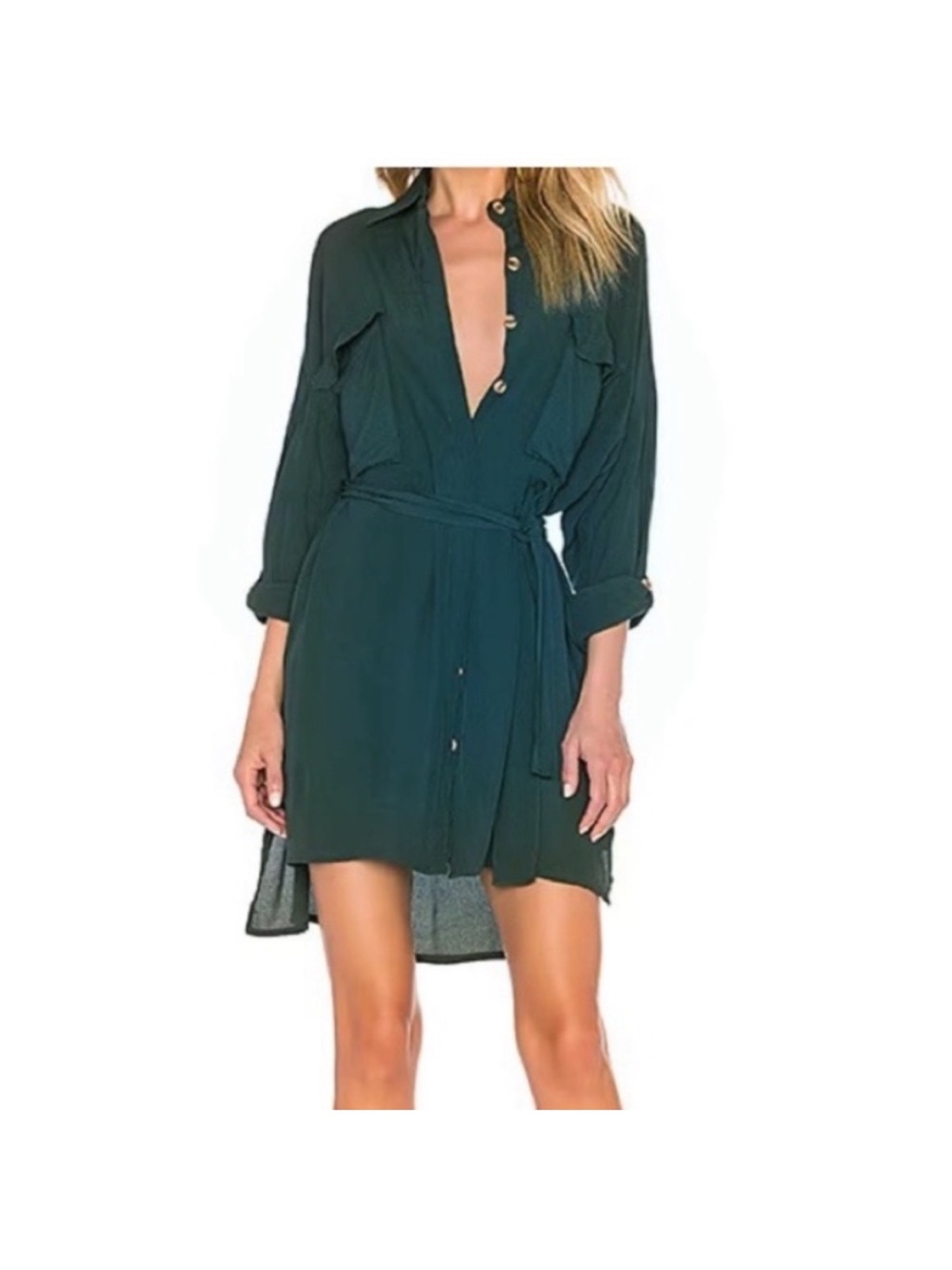 Faithful the Brand Debbie Button Down Shirt Dress Medium Tie Waist Evergreen